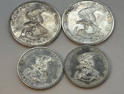 Auktion 370<br>2x3 Mark, 2x 2 Mark Deutsches Reich 1913 