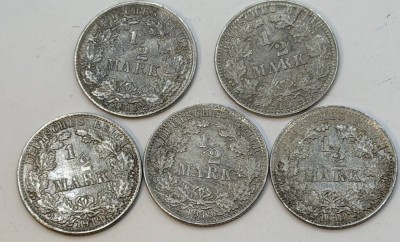 Auktion 370<br>5x 1/2 Mark, Deutsches Reich 1918+1919, Silber [1]
