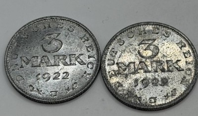 Auktion 370<br>2x 3 Mark, 1922, Verfassungstag, Aluminium, DR [1]