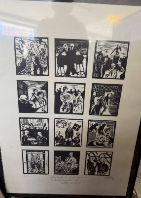 Auktion 370<br>unleserl. sign. 1991, 12 Holzschnitte auf Bütten in einem Rahmen nach Geschichten zu Michael Augustin, mit Widmung des Künstlers, ger/Glas, RG 82x61 cm, Nr. 9/200 [1]