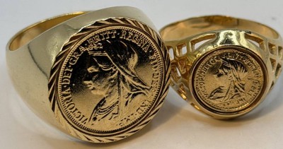 Auktion 370<br>2x goldfarbene Münzringe, 1x massiv , 16,7 und 3,9 gr., 2x Queen Victoria, beide guter Zustand [1]