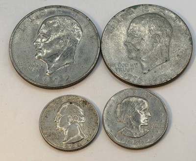 Auktion 370<br>4x US Dollarmünzen, One Dollar D-1976, One Dollar FG 1972, One Dollar 1980, Quarter Dollar 1964 [1]