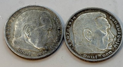 Auktion 370<br>2x 5 Reichsmark, Deutsches Reich 1935 und 1937, Hindenburg, Silber [1]