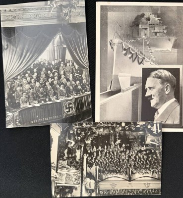 Auktion 370<br>3x seltene Postkarten mit dem Führer A. Hitler, 1x Stapellauf, 1x Rede in Staatsoper, 1xStaatsakt in Potsdam [1]