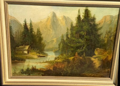 Auktion 370<br>unleserl. signierter  (wie vorher) Alpensee mit Figuren, Öl/Platte, gerahmt, um 1900, RG 64x87 cm [1]