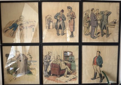 Auktion 370<br>12x Karikaturen, Farblithos, alle gleich gerahmt/Glas, RG 55x51 cm, [1]
