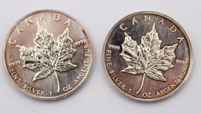 Auktion 370<br>Zwei 5 Dollars - Canada , 1989 u. 1993, Elizabeth II , jeweils 1 Oz Feinsilber 999, 63,0 Gramm [1]