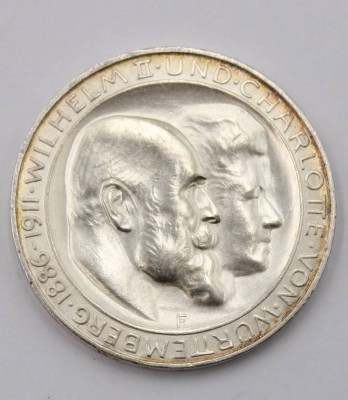 Auktion 370<br>Drei Mark 1911 - Wilhelm II u. Charlotte von Württemberg F, 16,7 Gramm [1]