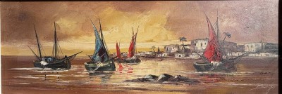 Auktion 370<br>Bujo sign. südliche Hafenlandschaft, Öl/Leinen, gerahmt, RG 47x113 cm [1]