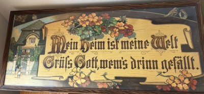 Auktion 370<br>grosser Kunstdruck mit Hausspruch, ger/Glas, RG 35x80 cm [1]