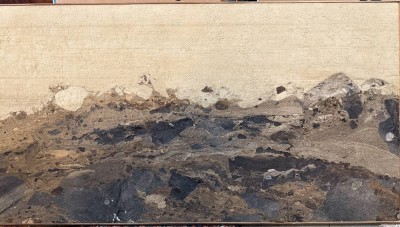 Auktion 370<br>unsigniert, aber wohl Karin Keller, Bremerhaven, Mischtechnik, Papier, tw. erhaben, auf Holzplatte, 63x114 cm, schwer und Speditionsversand [1]