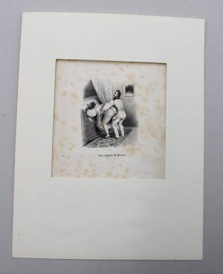 Auktion 370<br>französische Erotika- Lithografie, „Une Entrée de faveur“, ungerahmt in Passepartout, Altersspuren, BG 18 x 14cm, 26 x 20cm [1]