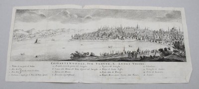 Auktion 370<br>historischer Kupferstich aus dem Jahr 1735, Panorama von Konstantinopel , ungerahmt, Blatt mit Läsuren, BG ca. 19 x 42,5cm [1]