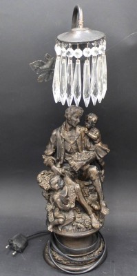 Auktion 370<br>Tischlampe mit figürlichen Stand, Glasprismen, Kunstmasse, rückseitig Abplatzer, eine Prisme fehlt, H-47 cm [1]