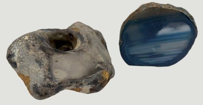Auktion 370<br>2x Mineralien, 1x Achat Paperweight, 1x Stein-Kerzenhalter [1]