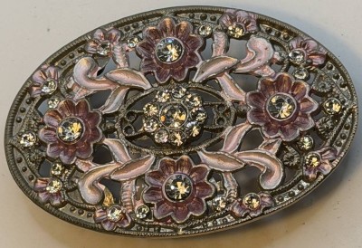 Auktion 371<br>gr. vintage Modeschmuck Gürtelschnalle, Metall tw. emailliert und besetzt mit klaren Steinen, 9x6 cm [1]