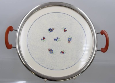 Auktion 371<br>Tortenplatte, 50er Jahre, florales Dekor, Metallrand, gemarkt, ca. D-32,5cm [1]