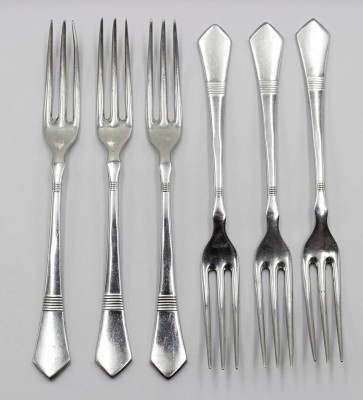 Auktion 371<br>6x Kuchengabeln, Clarfeld, Alpacca, um 1910, ca. L-15cm [1]
