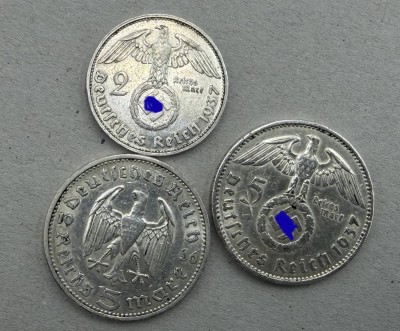 Auktion 371<br>3 Münzen, 3.Reich, 5 RM 1936,  5 RM 1937 und 2 RM 1937, alle Hindenburg [1]