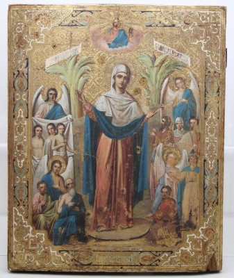 Auktion 371<br>grosse Ikone der Gottesmutter „Freude aller Betrübten“ Holzplatte 2-fach gesperrt (1x fehlt Holzsperre), Altersspuren, Abplatzer, wohl 18.Jhd. 53,5x43,5 [1]