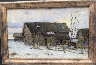 Auktion 371<br>Winterlandschaft, verso kyrillisch bezeichnet, wohl selber Künstler wie vorher, Öl/Malfaser, gerahmt, RG 29x39 cm [1]