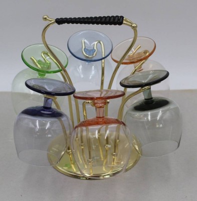 Auktion 371<br>vintage 6 Cognacschwenker in Messinghalter, getöntes Glas, 50-er Jahre, H-16 cm [1]
