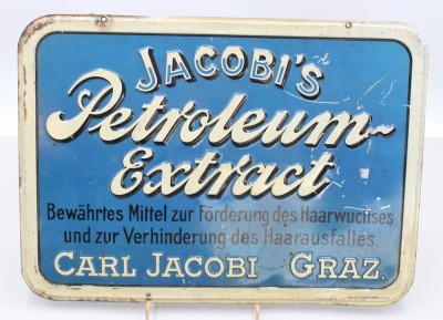 Auktion 371<br>Blechschild, Jacobi's Petroleum-Extract, Österreich, wohl 20/30er Jahre, ca. 26 x 36cm [1]