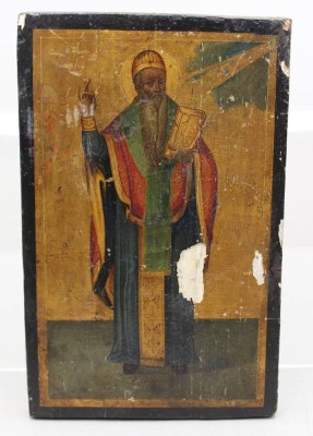 Auktion 371<br>orthod. Ikone,  heiliger Charalampos, wohl 19. Jhd., leider stark beschädigt,  ca. 33 x 21cm [1]
