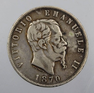 Auktion 371<br>5-Lire-Münze, Silber, König Viktor Emanuel II., 1870, 24,2gr., D-3,8cm [1]
