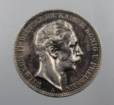 Auktion 371<br>3-Mark-Silbermünze, Kaiser Wilhelm II,  ca. 16,2gr.,  ca. D-3,5cm [1]