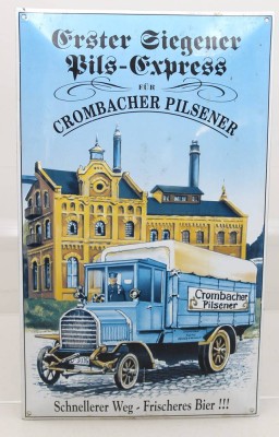 Auktion 371<br>Emaille-Schild, Erster Siegener Pils-Express, gebogene Form, alter ?, ca. 50 x 30 [1]