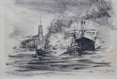 Auktion 371<br>Alfred Jensen (1859-1935), Hamburg Kehrwiederspitze, Litho/Kohlezeichnung?, alt gerahmt, verso Stempel, RG 21 x 28,5cm [1]