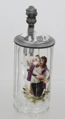 Auktion 371<br>antiker Bierkrug um 1900, Emaillebild, ca. H-21,5cm [1]