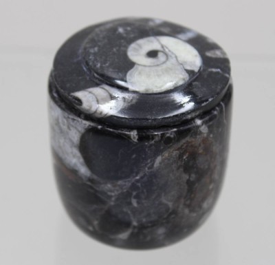 Auktion 371<br>schwarze Fossilien-Dose wohl aus Marokko, ca. H-6cm [1]