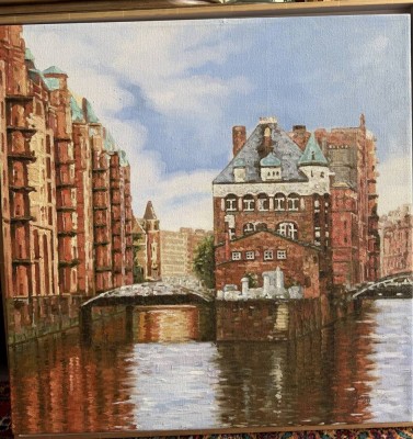 Auktion 371<br>monogramm. (20)09, Speicherstadt Hamburg, Öl/Leinen, gerahmt, 74x74 cm [1]