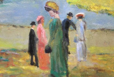 Auktion 371<br>unsigniert, Personen am See, in der Art von Macke, Öl/Hartfaser, gerahmt, Rahmen beschädigt, ca. RG 37 x 38cm [1]