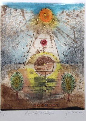 Auktion 371<br>René Carcan (1925-1993, Titel „Equilibre cosmique“, Farbradierung, gut gerahmt/Glas, RG 70 x 54cm [1]