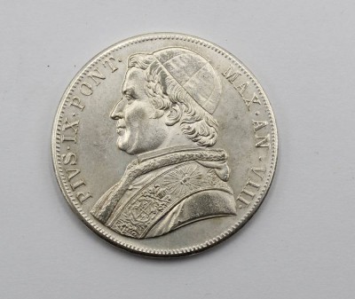 Auktion 371<br>5 Lire, 1870, Papst Pius IX, Silber, 23gr., D-3,7cm [1]