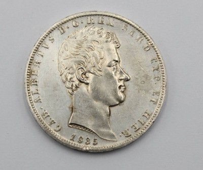 Auktion 371<br>5 Lire, Silbermünze, Königreich Sardinien, 1835, 22,9gr., D-3,7cm [1]