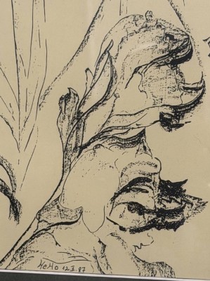 Auktion 371<br>HeHo 1987 (wohl Horst Janssen?), Blumen, ger/Glas, RG 50x40 cm [1]