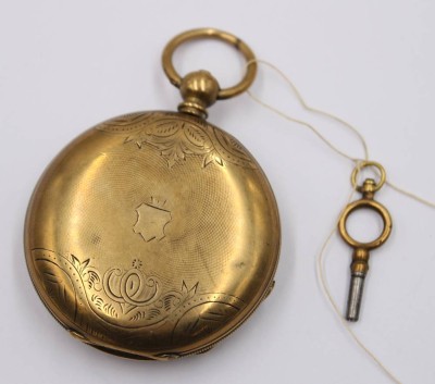 Auktion 372<br>Taschenuhr um 1890, Schlüsselwerk läuft kurz an, goldfarbenes Gehäuse, ca. D-5cm [1]