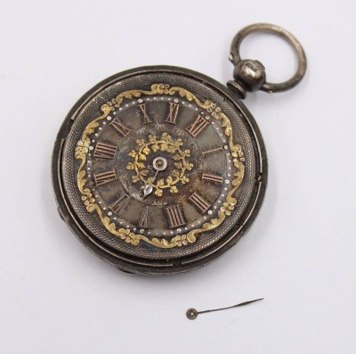 Auktion 372<br>Taschenuhr, 19. Jhd., wohl England, Glas fehlt, Zeiger lose anbei, Silbergehäuse, Schlüsselwerk steht, ca. D-4,2cm [1]