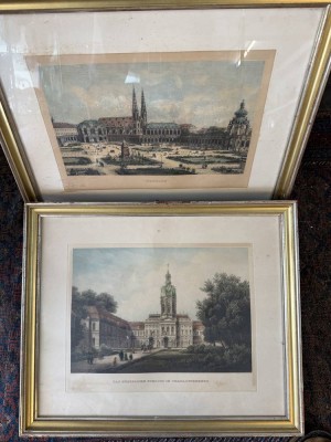 Auktion 372<br>2x Ansichten Stiche, 19.Jhd., Waschgold-Rahmen, sog. Berliner Leiste, /hinter Glas, Dresden und Charlottenburg, RG  47x55 cm [1]