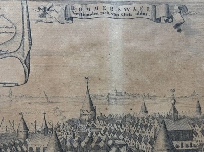 Auktion 372<br>Karte von Reimersvaal (Rommersvael), im 17/18 Jhd. bei Sturmflut untergegangene Stadt in Zeeland (Holland), verso  Beschreibung in Holländisch und Deutsch, ger/Glas, RG 46x53 cm [1]