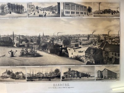 Auktion 372<br>Harburg Souvenirblatt Original Lithografie F.G. Müller 1857, ger/Glas, RG 53x72 cm [1]
