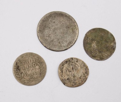 Auktion 372<br>4x antike Münzen, 1x Schilling Hamburg 1768, 3x stark abgenutzt, 3x Silber (4,9gr.) [1]