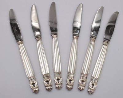 Auktion 372<br>6x Dessertmesser, Georg Jensen, Acorn, Sterling-Griffe, ca. L-20,5cm [1]