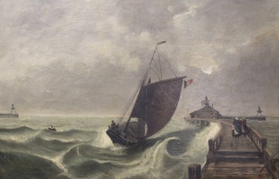Auktion 372<br>W.Smith 1893,  Boot an der Pier bei Sturm, wohl Niederlande, Öl/Leinwand, gerahmt, RG 65 x 89cm [1]