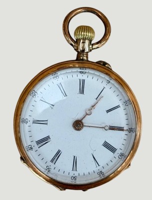 Auktion 372<br>antike goldene (-585- ,14 Kt. geprüft)  Damentaschenuhr, Werk läuft, D-3 cm, Innendeckel Metall, zus. 23,69 gr [1]