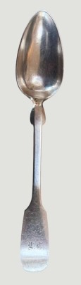 Auktion 372<br>Biedermeier-Kaffeelöffel, Spatenform, 12 lötiges Silber, Ziermonogramm, L-14 cm, 14,78   gr. guter Zustand [1]